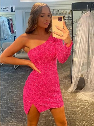 Mangas Compridas Um Ombro Lantejoulas Veludo Bainha Vestidos de Festa