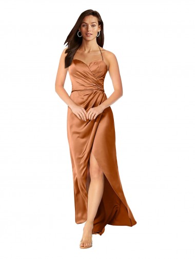 Sem Mangas Alças finas Lombar Cetim Sedoso Linha A Longo Laranja Vestidos de Madrinha / Vestidos de Noite / Vestidos de Festa
