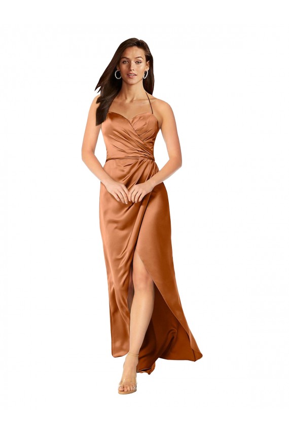 Sem Mangas Alças finas Lombar Cetim Sedoso Linha A Longo Laranja Vestidos de Madrinha / Vestidos de Noite / Vestidos de Festa