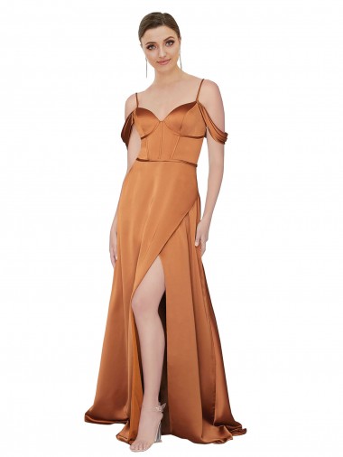 Ombro Frio Alças finas Lombar Cetim Sedoso Linha A Vestidos de Madrinha / Vestidos de Noite / Vestidos de Festa