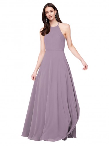 Sem Mangas Cabeçada Buraco da fechadura Chiffon Linha A Lavanda Escura Longo Vestidos de Madrinha
