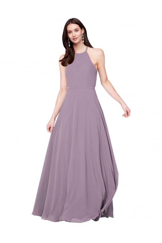Sem Mangas Cabeçada Buraco da fechadura Chiffon Linha A Lavanda Escura Longo Vestidos de Madrinha