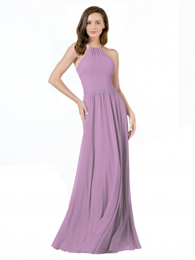Sem Mangas Cabeçada Chiffon Linha A Lavanda Escura Longo Vestidos de Madrinha