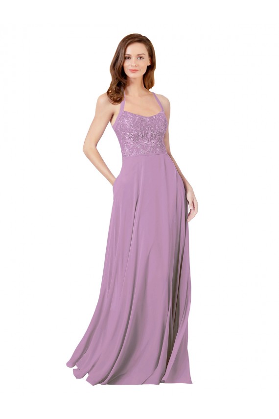 Sem Mangas Alças finas Chiffon & Renda Linha A Longo Vestidos de Madrinha