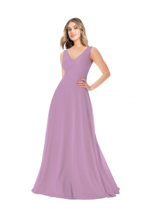 Sem Mangas Decote V Chiffon Linha A Lavanda Escura Longo Vestidos de Madrinha