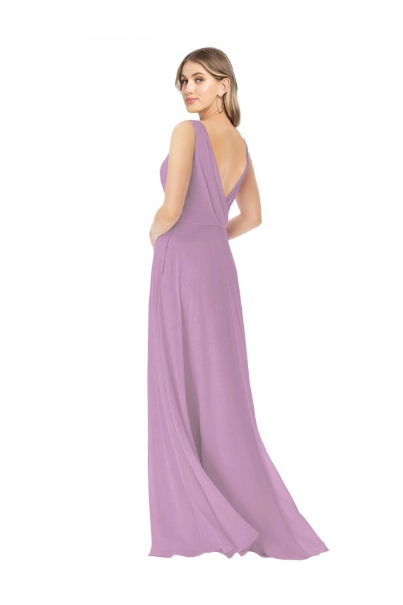 Sem Mangas Decote V Chiffon Linha A Lavanda Escura Longo Vestidos de Madrinha