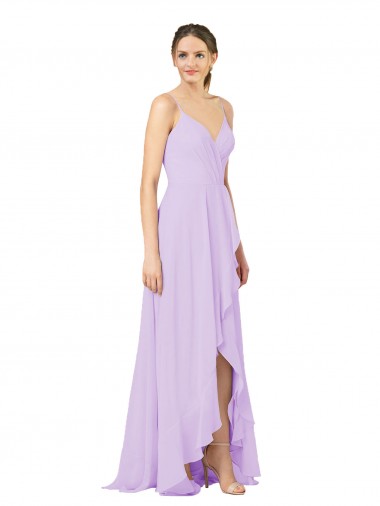 Sem Mangas Decote V Abrir de volta Chiffon Bainha Alto Baixo, Vestidos de Madrinha