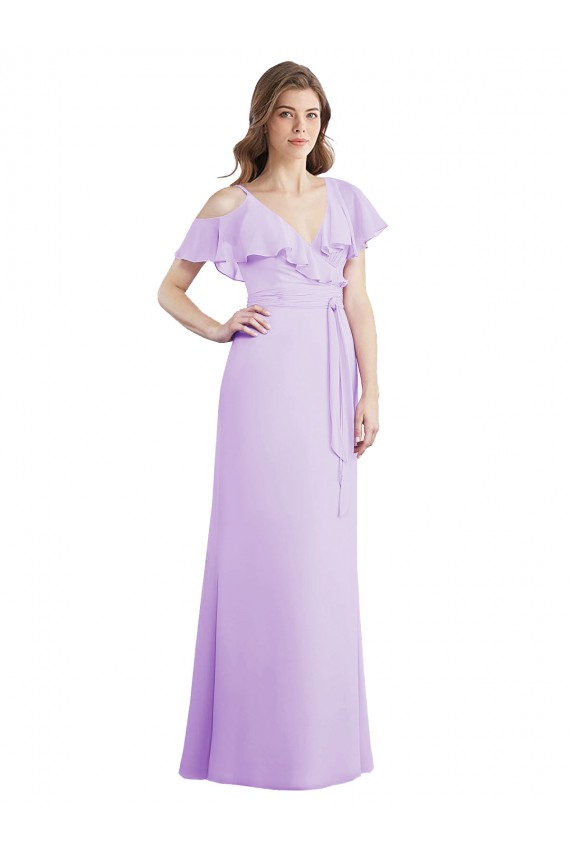 Ombro Frio Decote V Costas em V Chiffon Linha A Lilás Vestidos de Madrinha