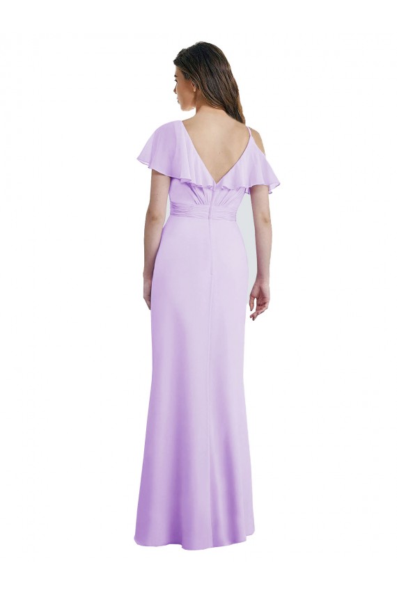 Ombro Frio Decote V Costas em V Chiffon Linha A Lilás Vestidos de Madrinha