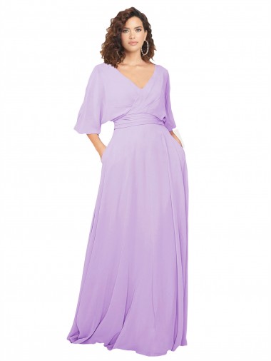 Mangas 1/2 Decote V Lombar Chiffon Linha A Vestidos de Madrinha