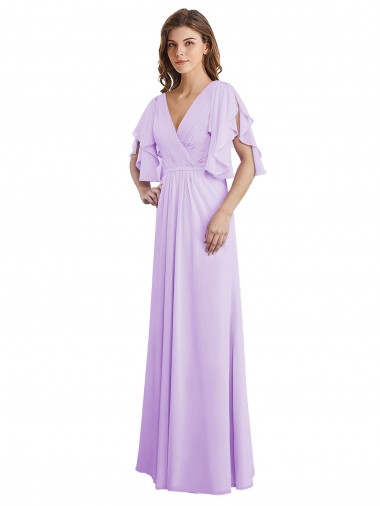 Mangas Esvoaçantes, Mangas Divididas Decote V Costas em V Chiffon Linha A Vestidos de Madrinha