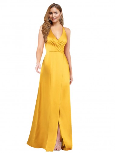 Sem Mangas Decote V Abrir de volta Cetim Sedoso Linha A Longo Vestidos de Madrinha / Vestidos de Noite / Vestidos de Festa