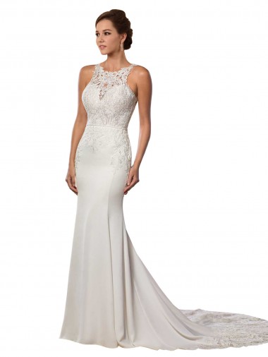 Sem Mangas Decote Alto Costas em V Renda Bainha Vestidos de Noiva