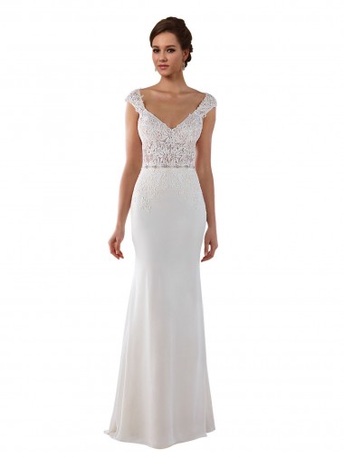 Mangas Curtas Decote V Renda & Crepe Esticado Bainha Vestidos de Noiva