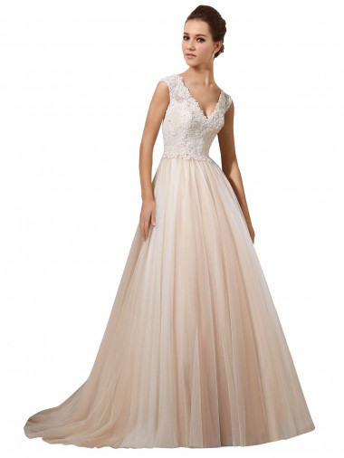 Sem Mangas Decote V Tule & Renda Linha A Longo Vestidos de Noiva