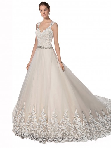 Sem Mangas Amor Tule & Renda Linha A Marfim & Champanhe Longo Vestido de Noiva