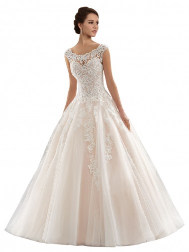 Mangas Curtas Barco Tule & Renda Vestido de Baile Vestidos de Noiva