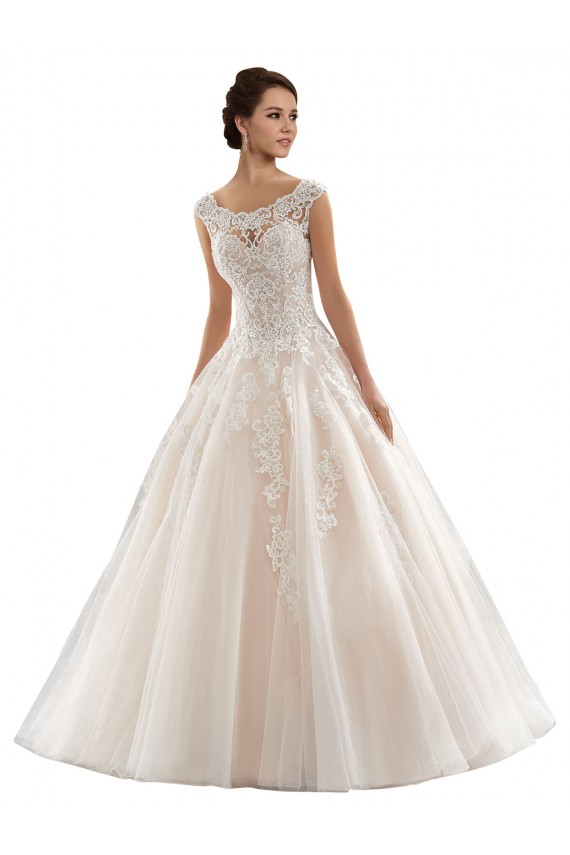 Mangas Curtas Barco Tule & Renda Vestido de Baile Vestidos de Noiva