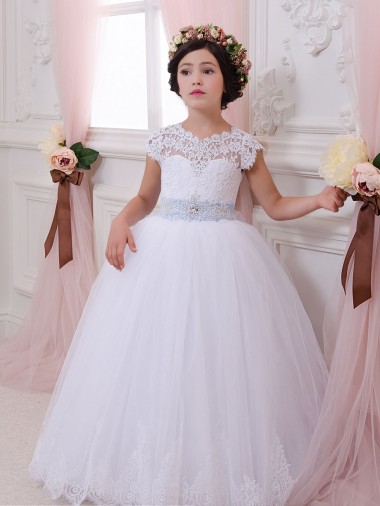 Mangas Curtas Amor Tule & Renda Vestido de Baile Longo Vestidos para Meninas de Flores