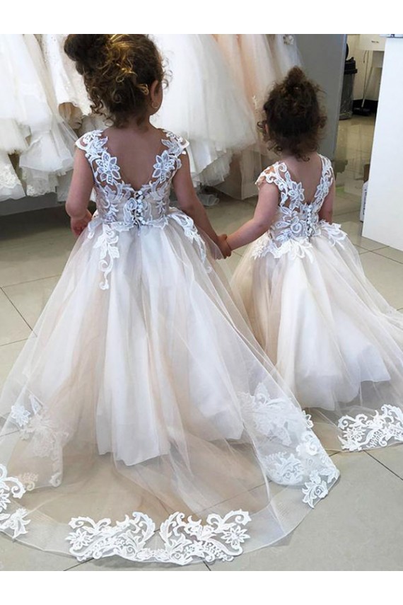 Sem Mangas Barco Costas em V Tule & Renda Vestido de Baile Vestidos para Meninas de Flores