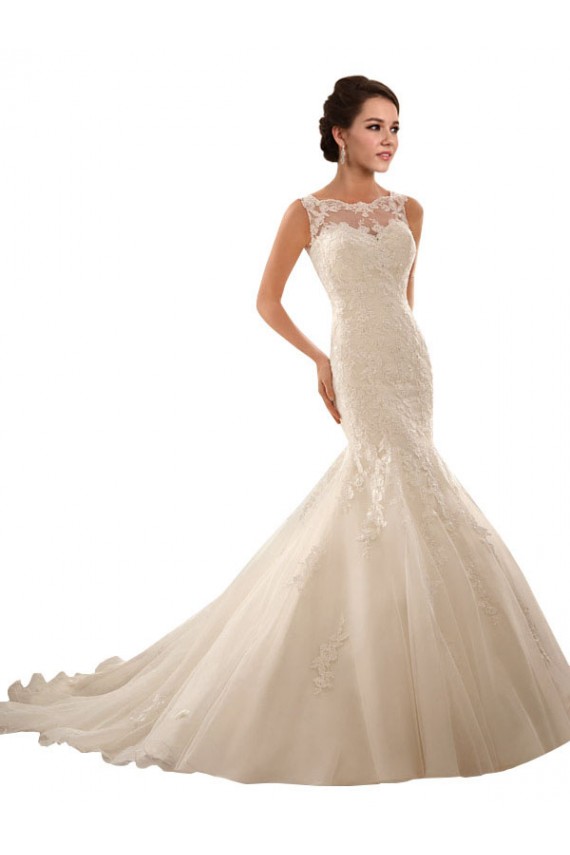 Sem Mangas Decote Ilusão Tule & Renda Sereia Vestido de Festa / Vestido de Madrinha