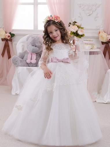Sem Mangas Barco Tule & Renda Vestido de Baile Marfim Vestidos para Meninas de Flores
