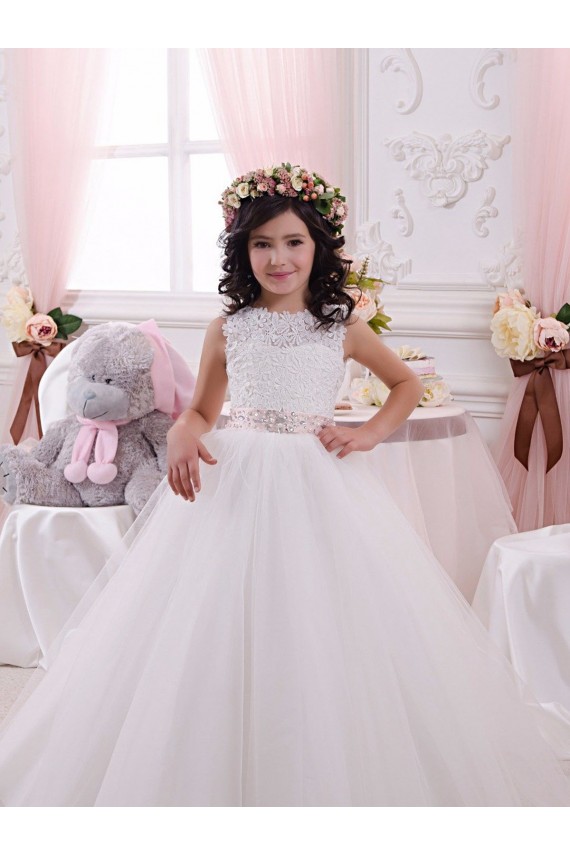 Sem Mangas Barco Costas em V Tule & Renda Vestido de Baile Longo Vestidos para Meninas de Flores