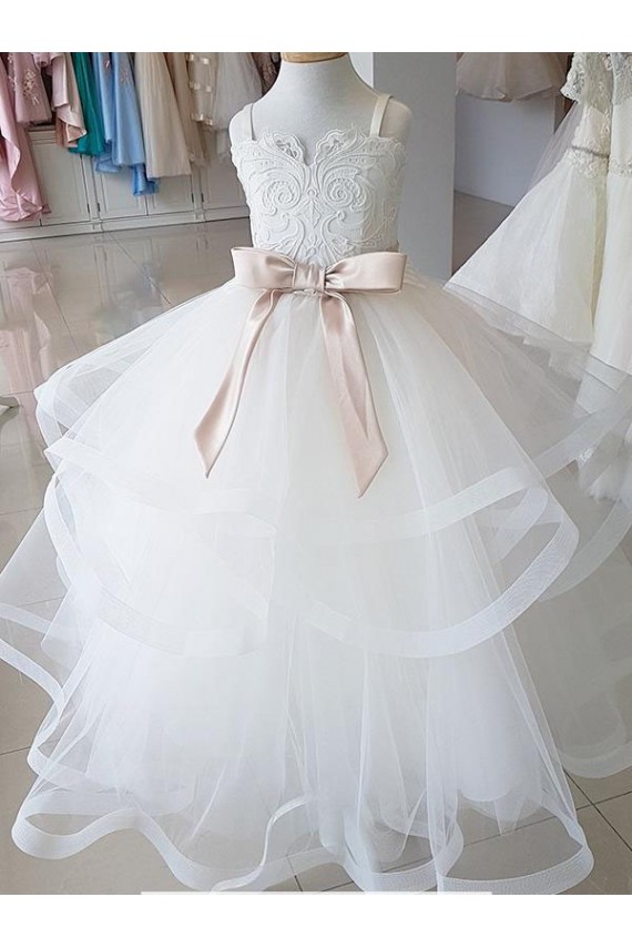 Sem Mangas Decote Alto Tule & Renda Vestido de Baile Vestidos para Meninas de Flores