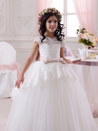 Sem Mangas Amor Tule & Renda Vestido de Baile Longo Marfim Vestidos para Meninas de Flores