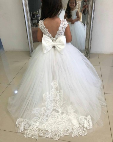 Sem Mangas Barco Tule & Renda Vestido de Baile Longo Vestidos para Meninas de Flores
