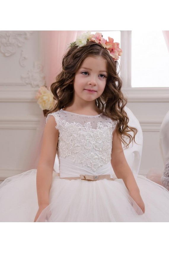 Sem Mangas Barco Tule & Renda Vestido de Baile Vestidos para Meninas de Flores