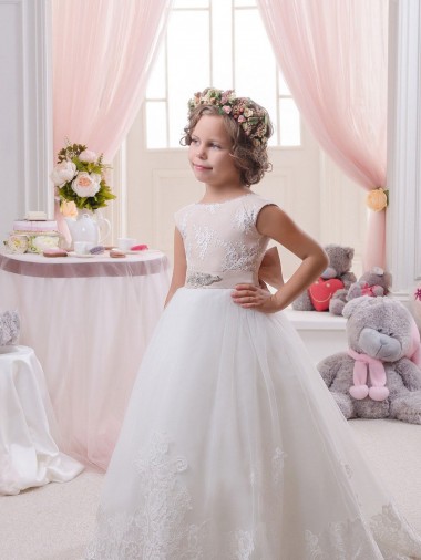 Sem Mangas Barco Costas em V Tule & Renda Vestido de Baile Marfim Vestidos para Meninas de Flores