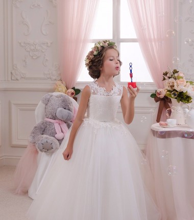 Sem Mangas Decote Alto Buraco da fechadura Tule & Renda Vestido de Baile Vestido para Meninas de Flores