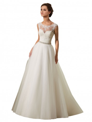 Mangas Curtas Decote Ilusão Tule & Renda Vestido de Baile Vestidos de Noiva