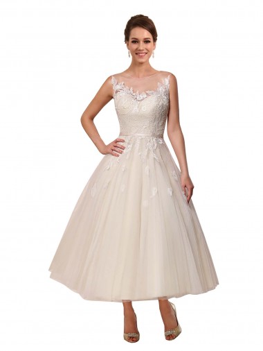 Sem Mangas Decote Ilusão Tule & Renda Vestido de Baile Curto Vestidos de Noiva