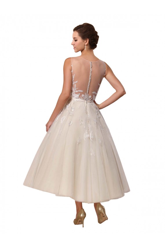Sem Mangas Decote Ilusão Tule & Renda Vestido de Baile Curto Vestidos de Noiva