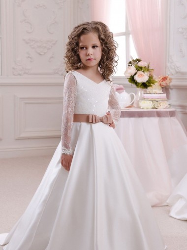 Mangas Compridas Decote V Cetim & Renda Vestido de Baile Vestidos para Meninas de Flores