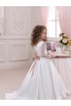 Mangas Compridas Decote V Cetim & Renda Vestido de Baile Vestidos para Meninas de Flores