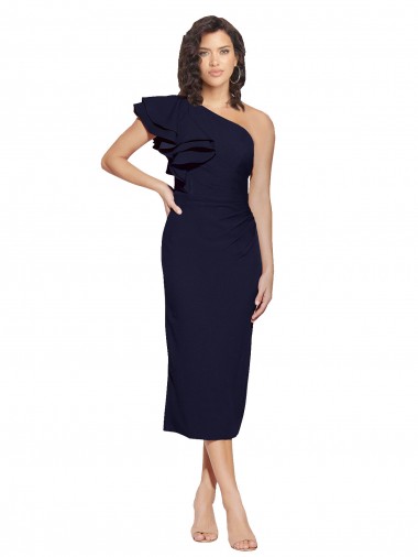 Sem Mangas Um Ombro Crepe Esticado Bainha Marinha Negra Curto Vestidos de Madrinha / Vestidos de Noite / Vestidos de Festa