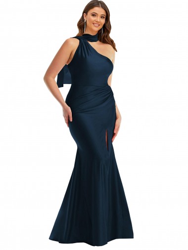 Sem Mangas Um Ombro Cetim Sedoso Sereia Vestido de Madrinha / Vestido de Festa
