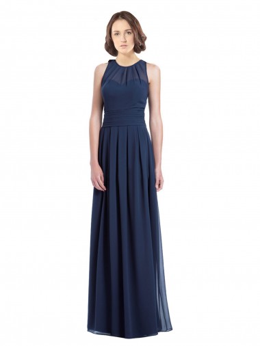 Sem Mangas Cabeçada Buraco da fechadura Chiffon Linha A Marinha Negra Longo Vestidos de Madrinha