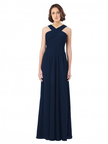 Sem Mangas Fora do Ombro Abrir de volta Chiffon Linha A Longo Marinha Negra Vestidos de Madrinha