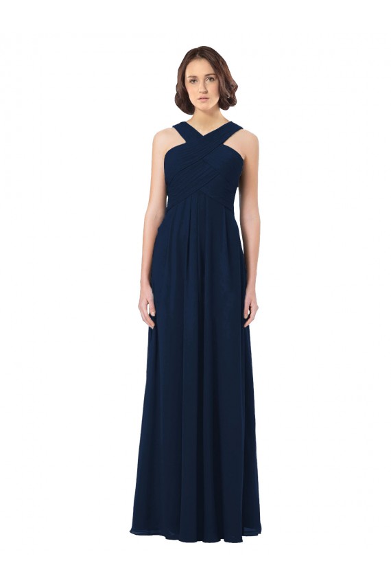Sem Mangas Fora do Ombro Abrir de volta Chiffon Linha A Longo Marinha Negra Vestidos de Madrinha
