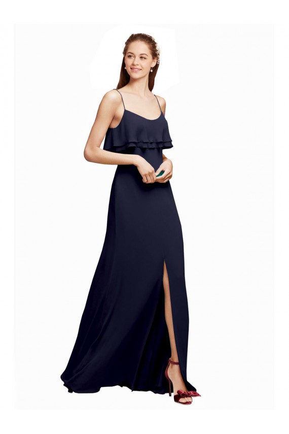 Sem Mangas Alças finas Costas em V Chiffon Linha A Longo Marinha Negra Vestidos de Madrinha