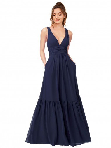 Sem Mangas Decote V Costas em V Chiffon Linha A Vestidos Formais / Vestidos de Madrinha