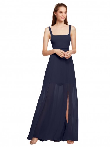 Sem Mangas Alças finas Chiffon Linha A Marinha Negra Longo Vestidos de Madrinha