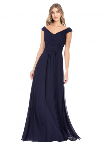 Sem Mangas Fora do Ombro Chiffon Linha A Marinha Negra Longo Vestidos de Madrinha