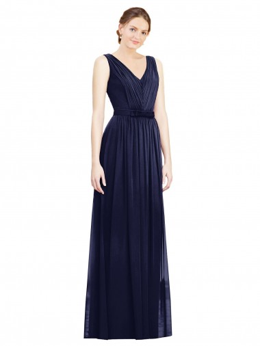 Sem Mangas Decote V Chiffon Linha A Marinha Negra Longo Vestidos de Madrinha