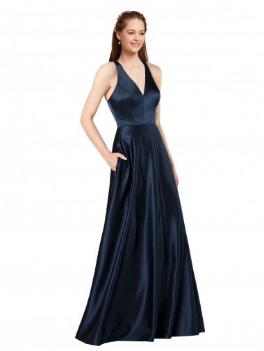 Sem Mangas Decote V Buraco da fechadura Cetim Linha A Vestidos de Madrinha / Vestidos de Noite / Vestidos de Festa