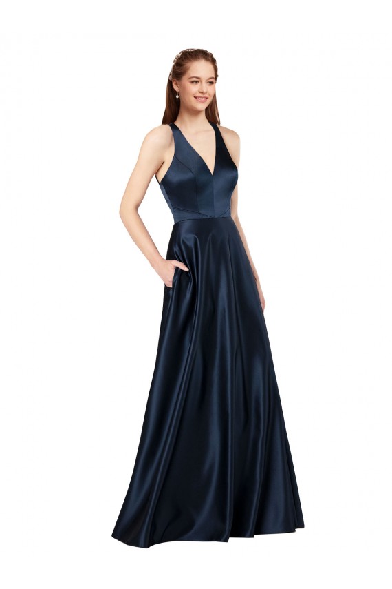 Sem Mangas Decote V Buraco da fechadura Cetim Linha A Vestidos de Madrinha / Vestidos de Noite / Vestidos de Festa